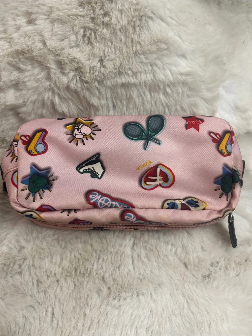 Furla Seasonal pink sticker print canvas clutch, cosmetic bag with mirror/strap